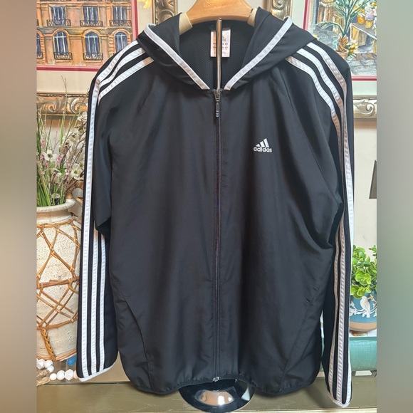 Adidas Black Hoodie with White Accents Zip Up Windbreaker Track Jacket Sz L - Picture 1 of 9